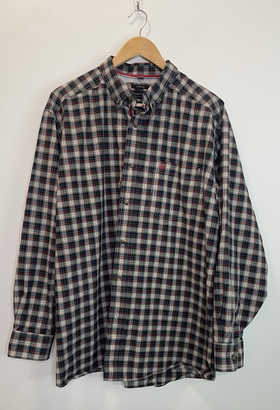 Ariat Western Shirt Plaid Stretch Pro Series Button Vented White Red Blue Men XL